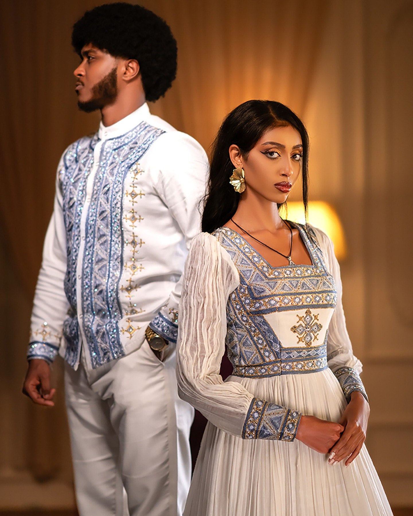 ETSUB WHITE & BLUE ETHIOPIAN COUPLE OUTFIT | MATCHING HABESHA KEMIS | TRADITIONAL ETHIOPIAN CLOTHING FOR COUPLES