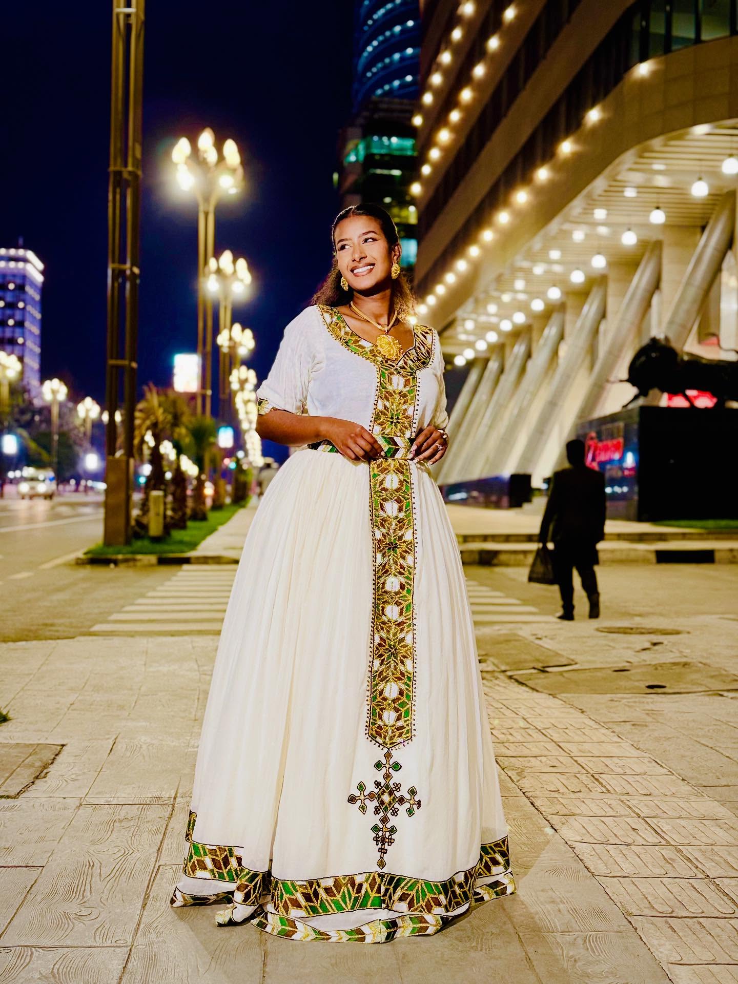 SISAY TRADITIONAL ETHIOPIAN CLOTHING | HABESHA KEMIS WITH SHORT SLEEVE | GREEN AND GOLD EMBROIDERY HABESHA DRESS