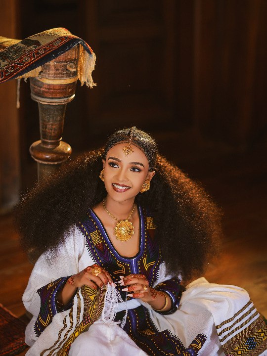 BETAYAL PURPLE, GOLD, AND BLUE EMBROIDERY HABESHA KEMIS | CULTURAL HABESHA DRESS | TRADITIONAL ETHIOPIAN DRESS