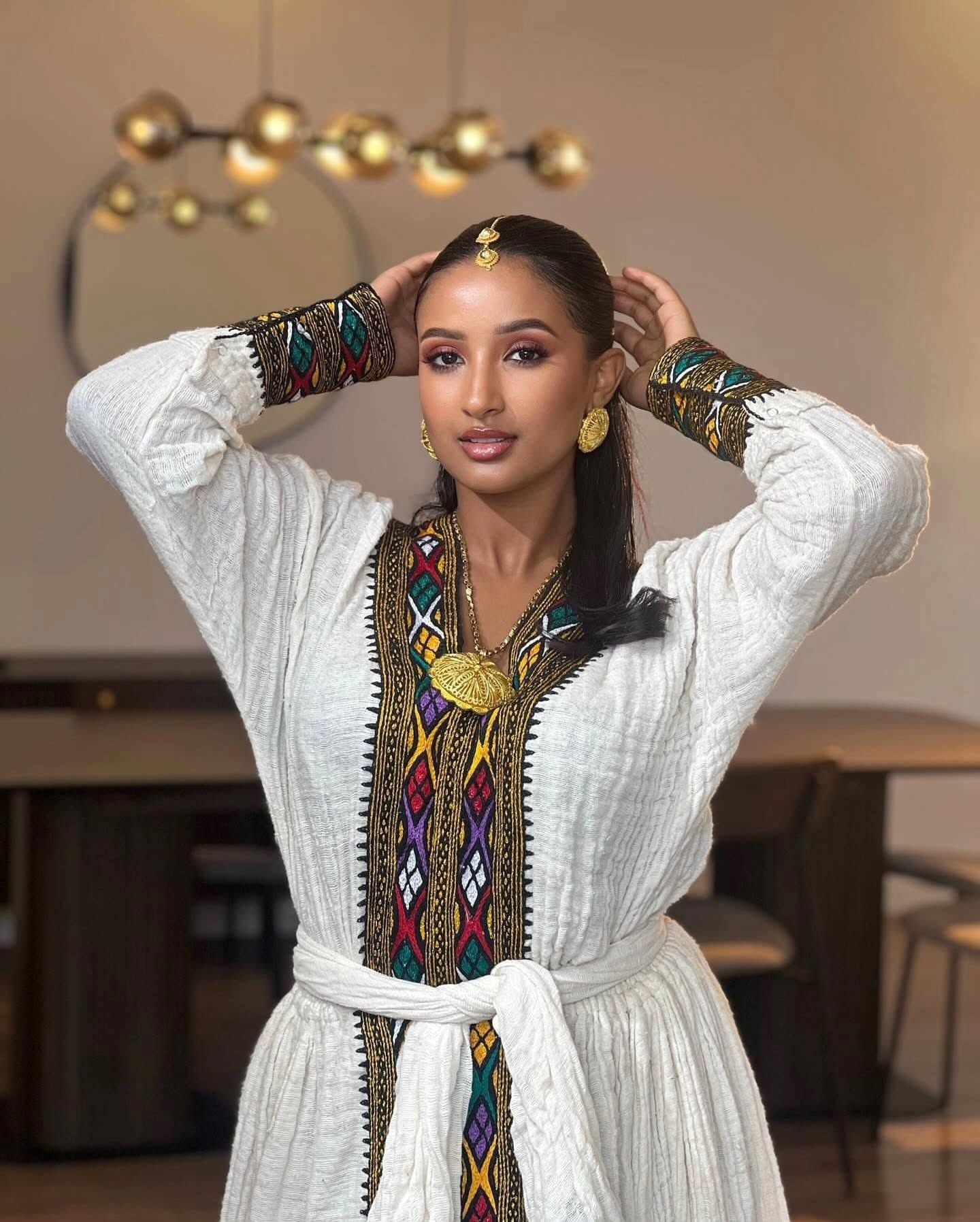 TRINGO LONG SLEEVE HABESHA KEMIS | ETHIOPIAN DRESS WITH MULTICOLOR EMBROIDERY | HABESHA DRESS FOR EVENT