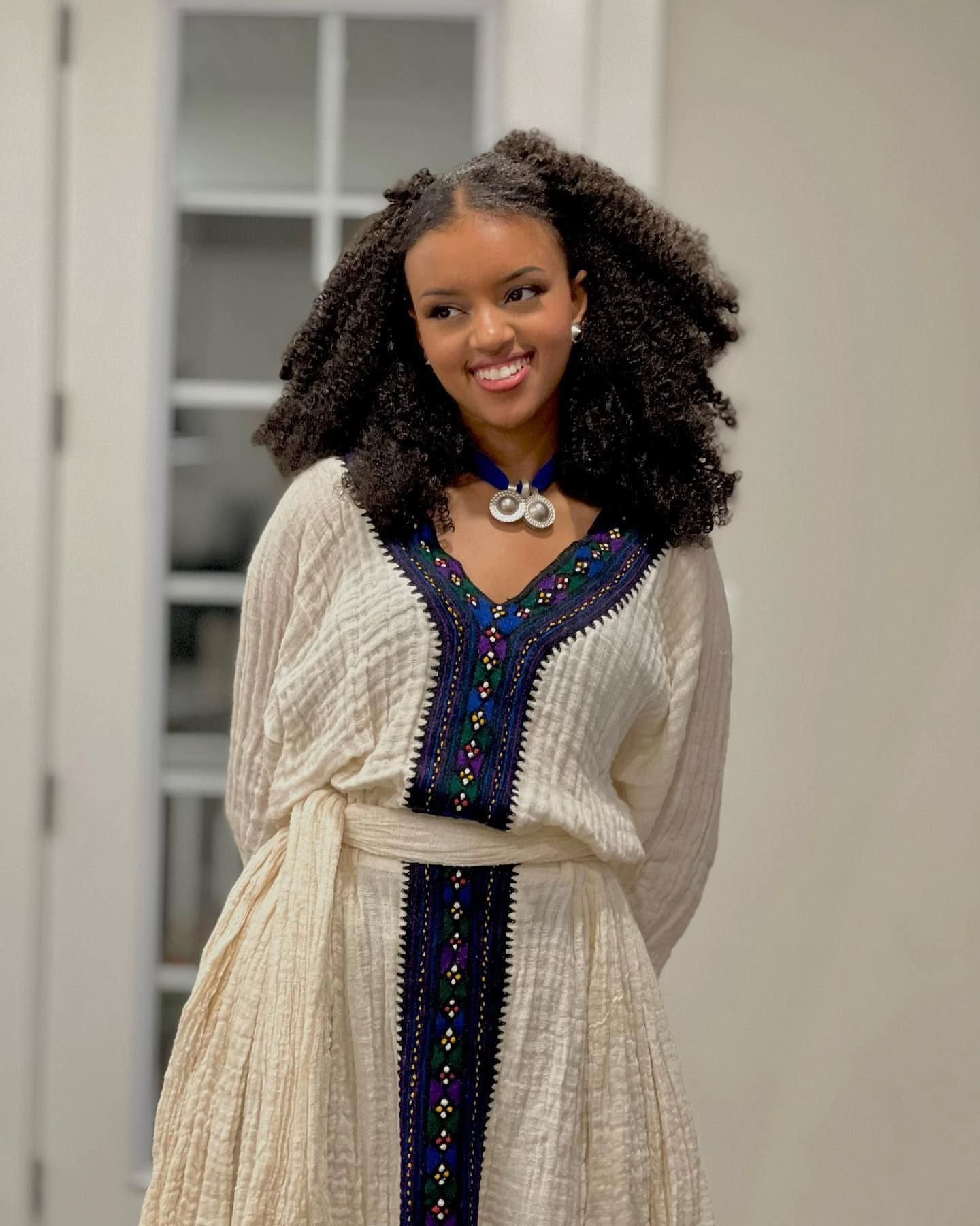 ENAT MULTICOLORED ETHIOPIAN DRESS | V-NECKLINE HABESHA DRESS | TRADITIONAL HABESHA KEMIS