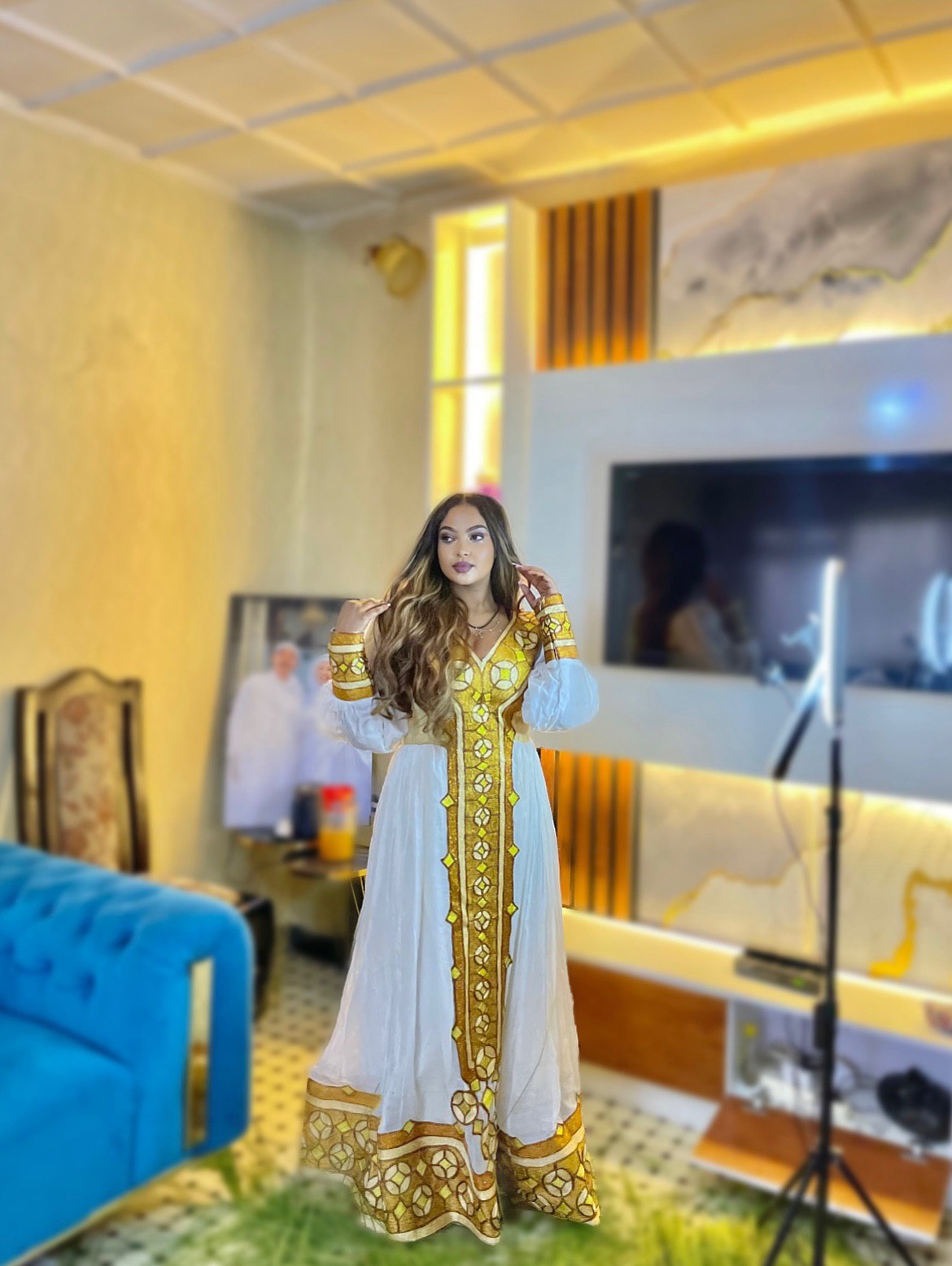 DANIA GOLDEN EMBROIDERY HABESHA KEMIS | ETHIOPIAN TRADITIONAL DRESS | LONG SLEEVE HABESHA DRESS