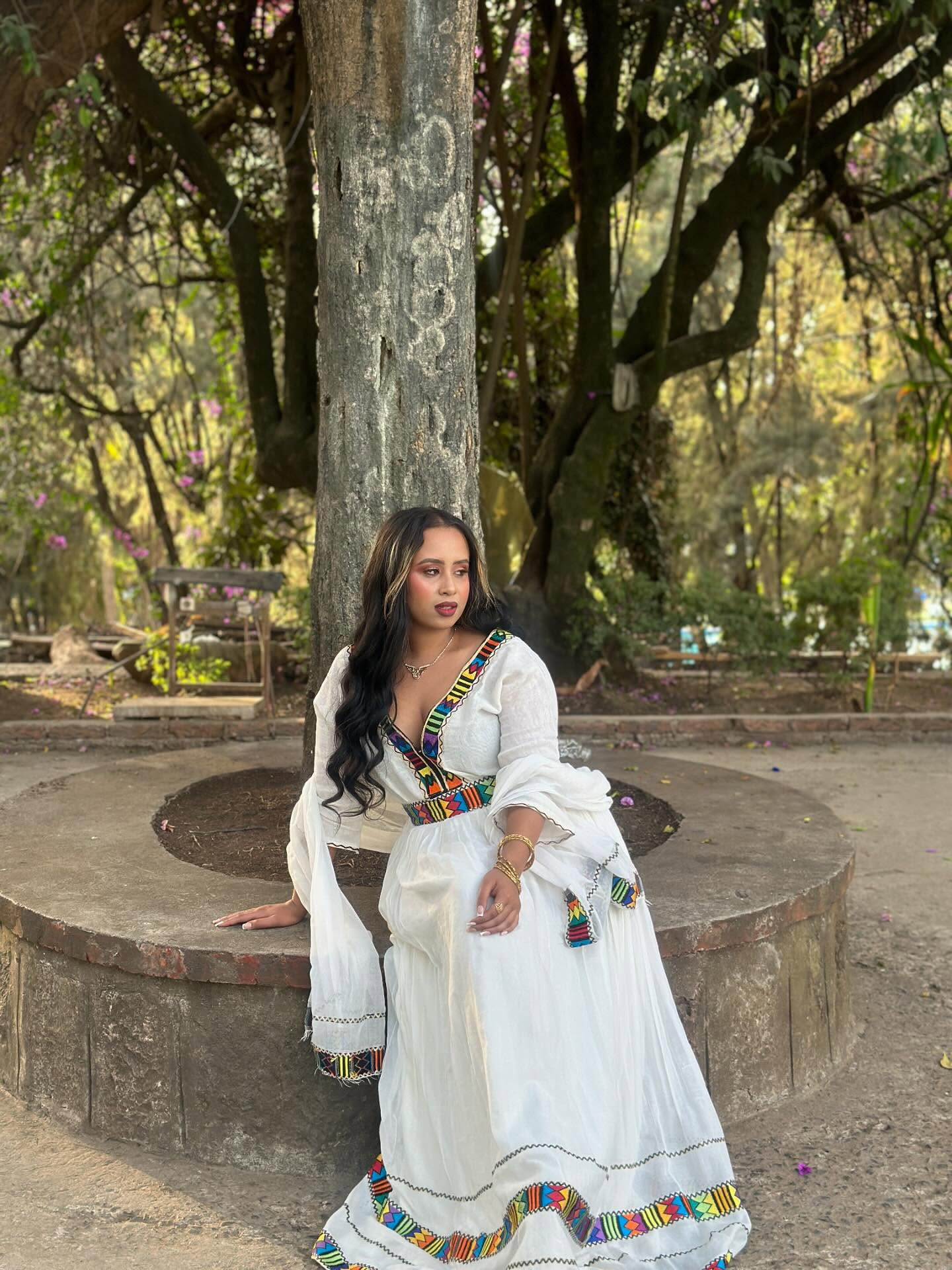 MAREFIYA V-NECKLINE ETHIOPIAN DRESS | MULTICOLOR WOVEN HABESHA DRESS | AUTHENTIC HABESHA KEMIS