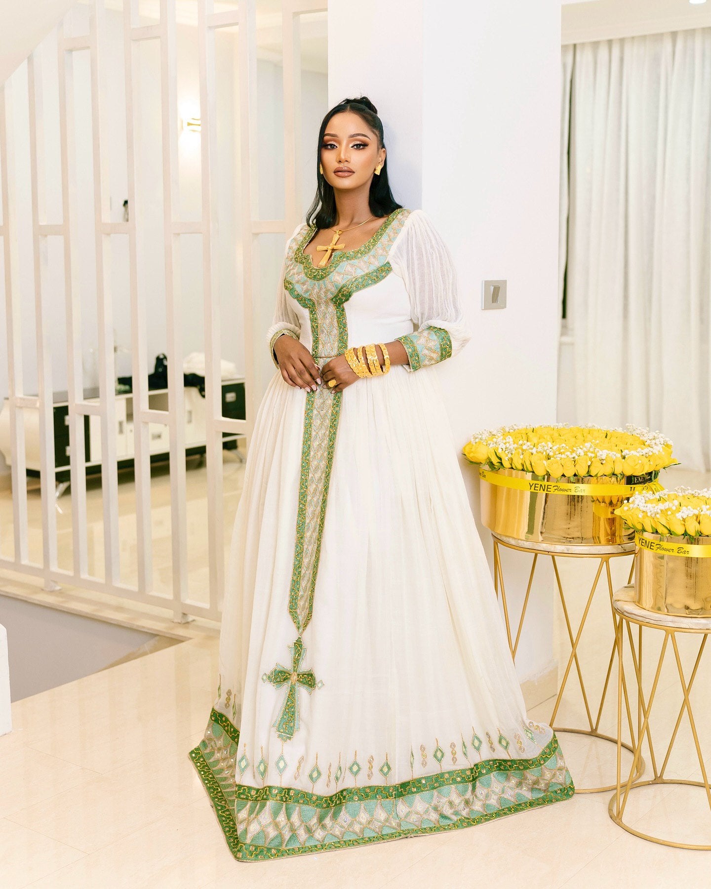 SAYAT GREEN-ACCENTED HABESHA KEMIS | TRADITIONAL ETHIOPIAN DRESS WITH CROSS EMBROIDERY | TIMELESS HABESHA DRESS