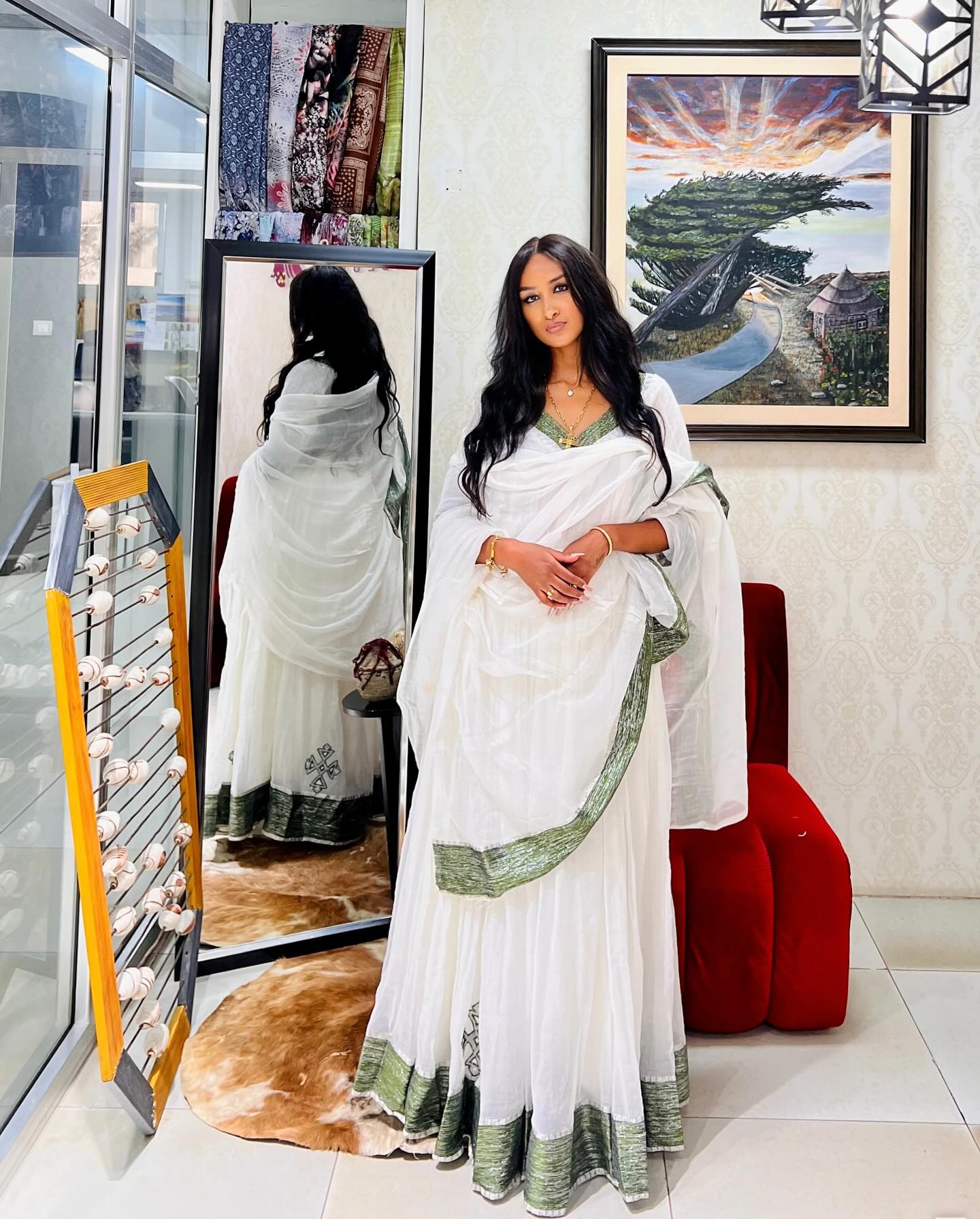 KOKEB GREEN EMBROIDERED HABESHA DRESS | V-SHAPED NECKLINE HABESHA KEMIS | TRADITIONAL ETHIOPIAN CLOTHING FOR SPECIAL OCCASION