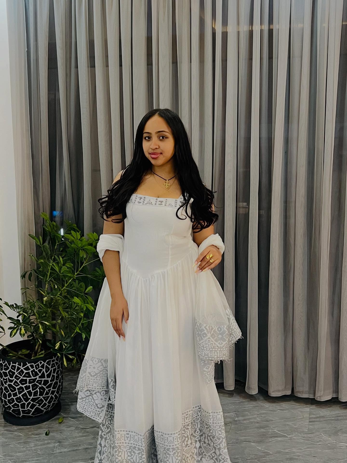 TSIGE WHITE FLOWY TRADITIONAL STYLE DRESS | GRAY EMBROIDERED DESIGN HABESHA KEMIS | STUNNING HABESHA DRESS