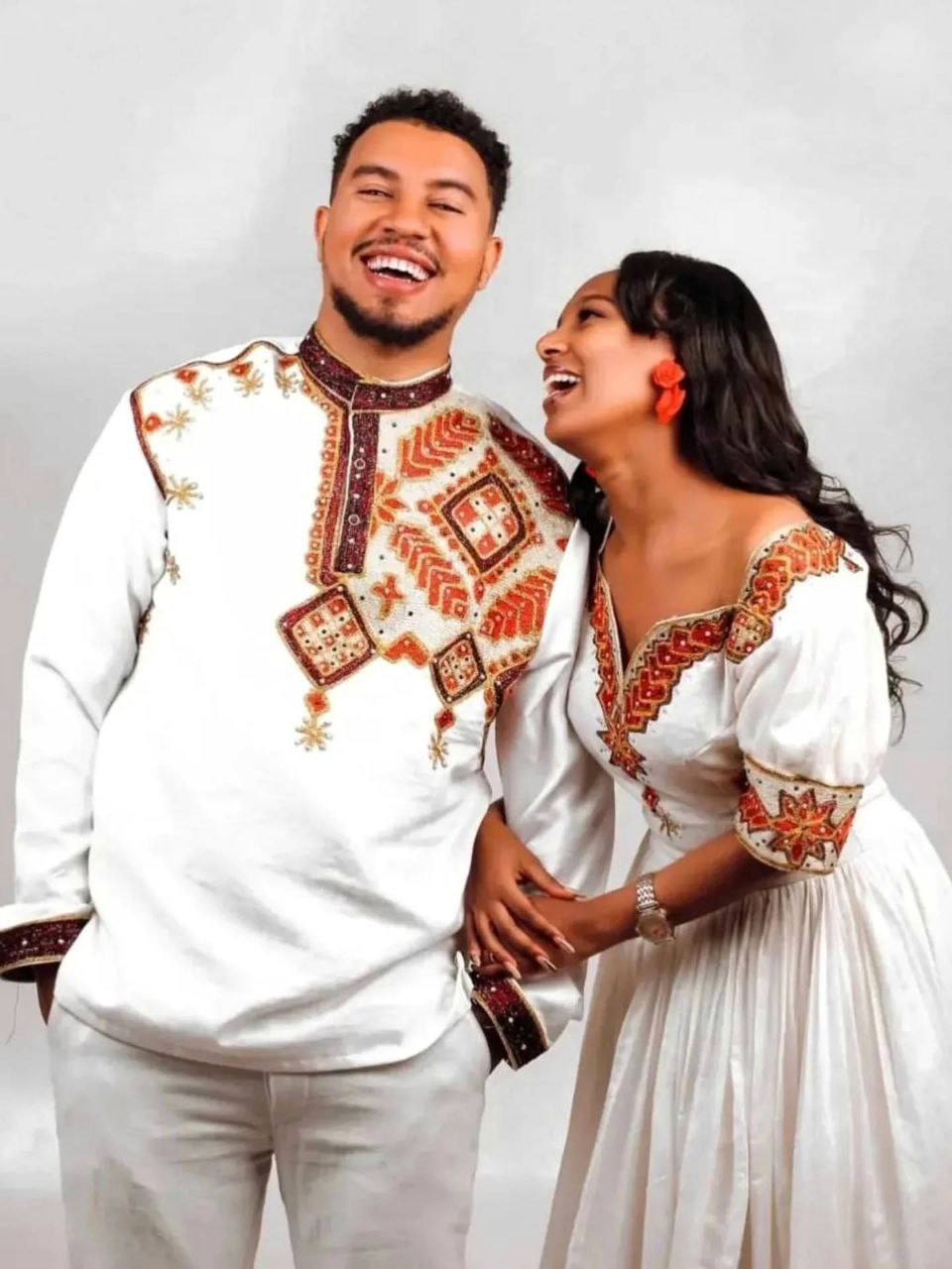 ABEBA MATCHING ETHIOPIAN COUPLE DRESS | RED AND GOLD EMBROIDERY MATCHING SET | COUPLE'S OUTFIT