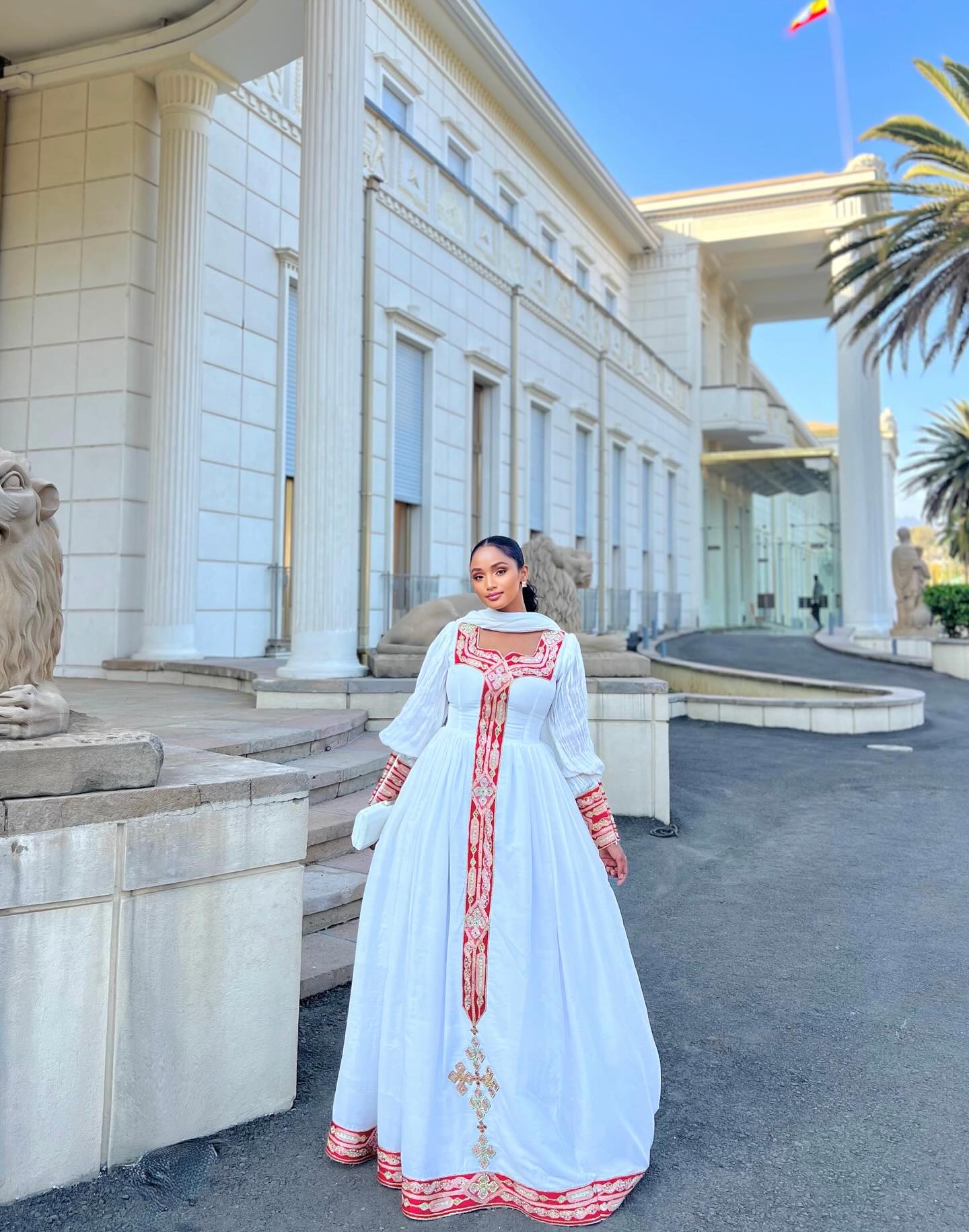 WUBRIST WHITE & RED EMBROIDERED ETHIOPIAN CLOTHING | LONG SLEEVE HABESHA DRESS | TIMELESS HABESHA KEMIS