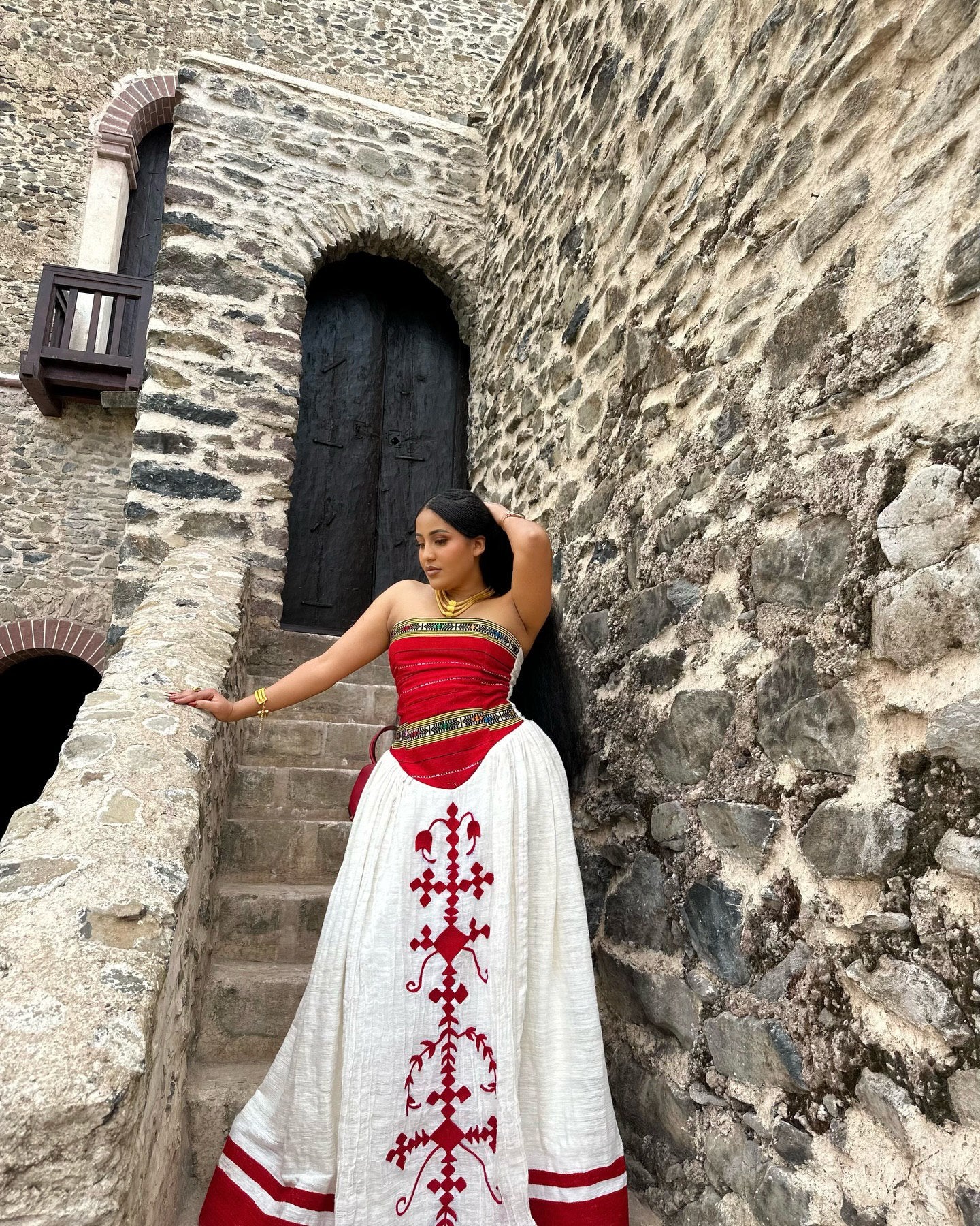 TINEBEB TRADITIONAL WHITE HABESHA KEMIS WITH RED DETAILS | ETHIOPIAN CLOTHING | HABESHA DRESS FOR CULTURAL EVENTS