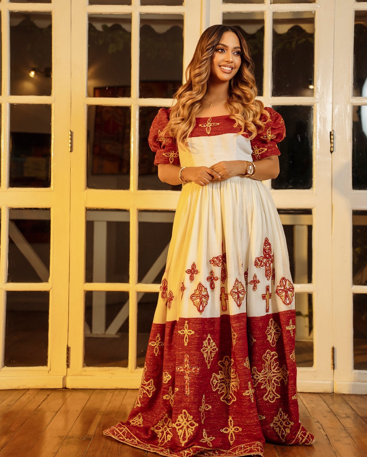 MASTI ROYAL HABESHA KEMIS | GOLD ETHIOPIAN CROSS EMBROIDERY HABESHA DRESS | TRADITIONAL ETHIOPIAN DRESS FOR SPECIAL EVENTS
