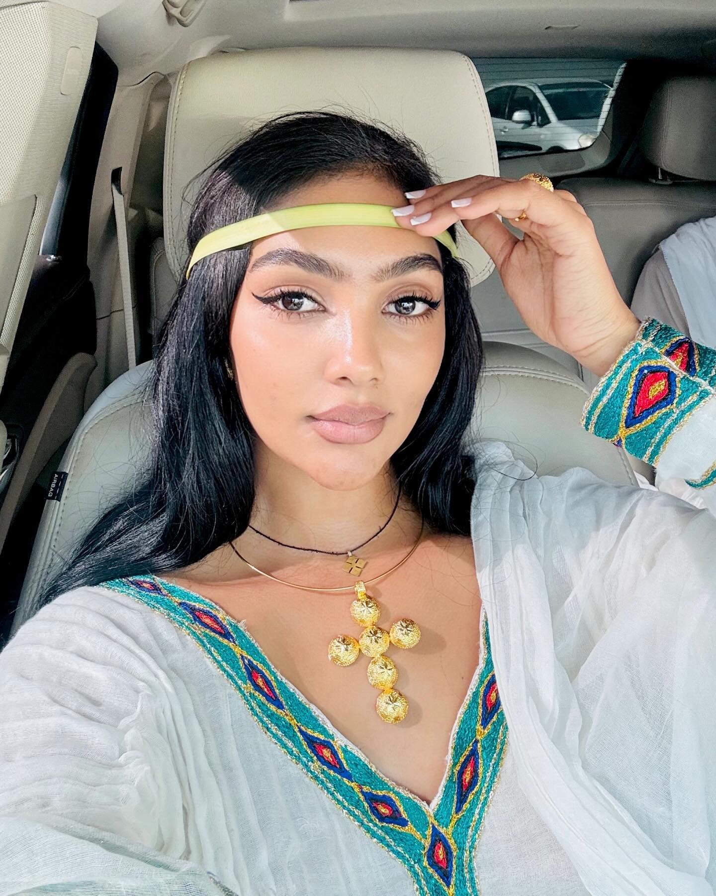 SENEDU GRACEFUL ETHIOPIAN TRADITIONAL DRESS | LIGHT BLUE & GREEN EMBROIDERY HABESHA DRESS | VIBRANT HANDWOVEN HABESHA KEMIS