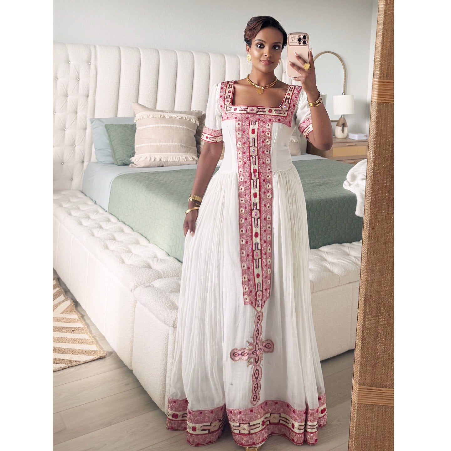 WINTANA TRADITIONAL ETHIOPIAN DRESS | SHORT SLEEVE HABESHA DRESS | PINK EMBROIDERY HABESHA KEMIS