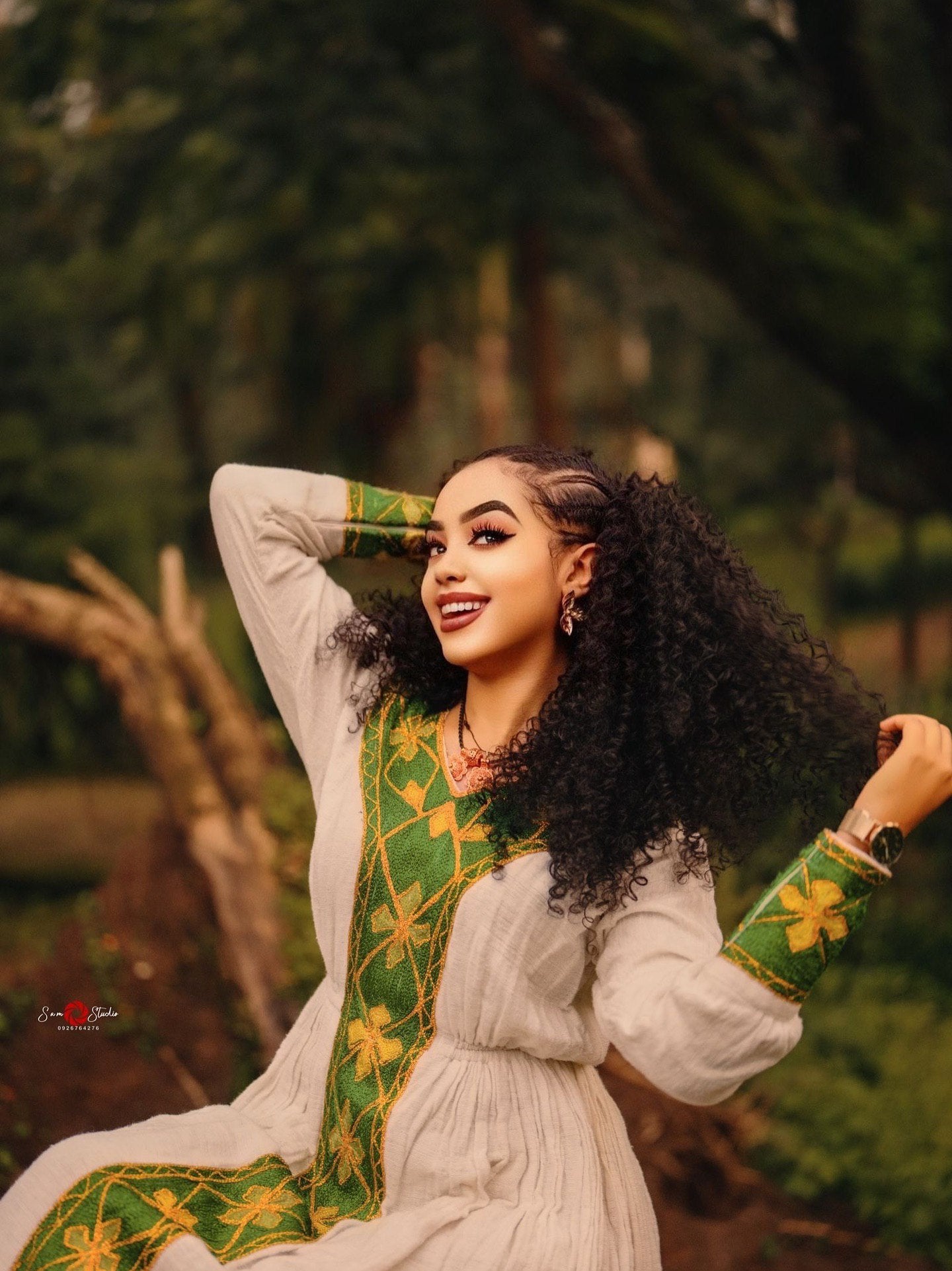 MESELU CLASSIC TRADITIONAL HABESHA KEMIS | GREEN & GOLD EMBROIDERY ETHIOPIAN DRESS | HANDWOVEN HABESHA DRESS