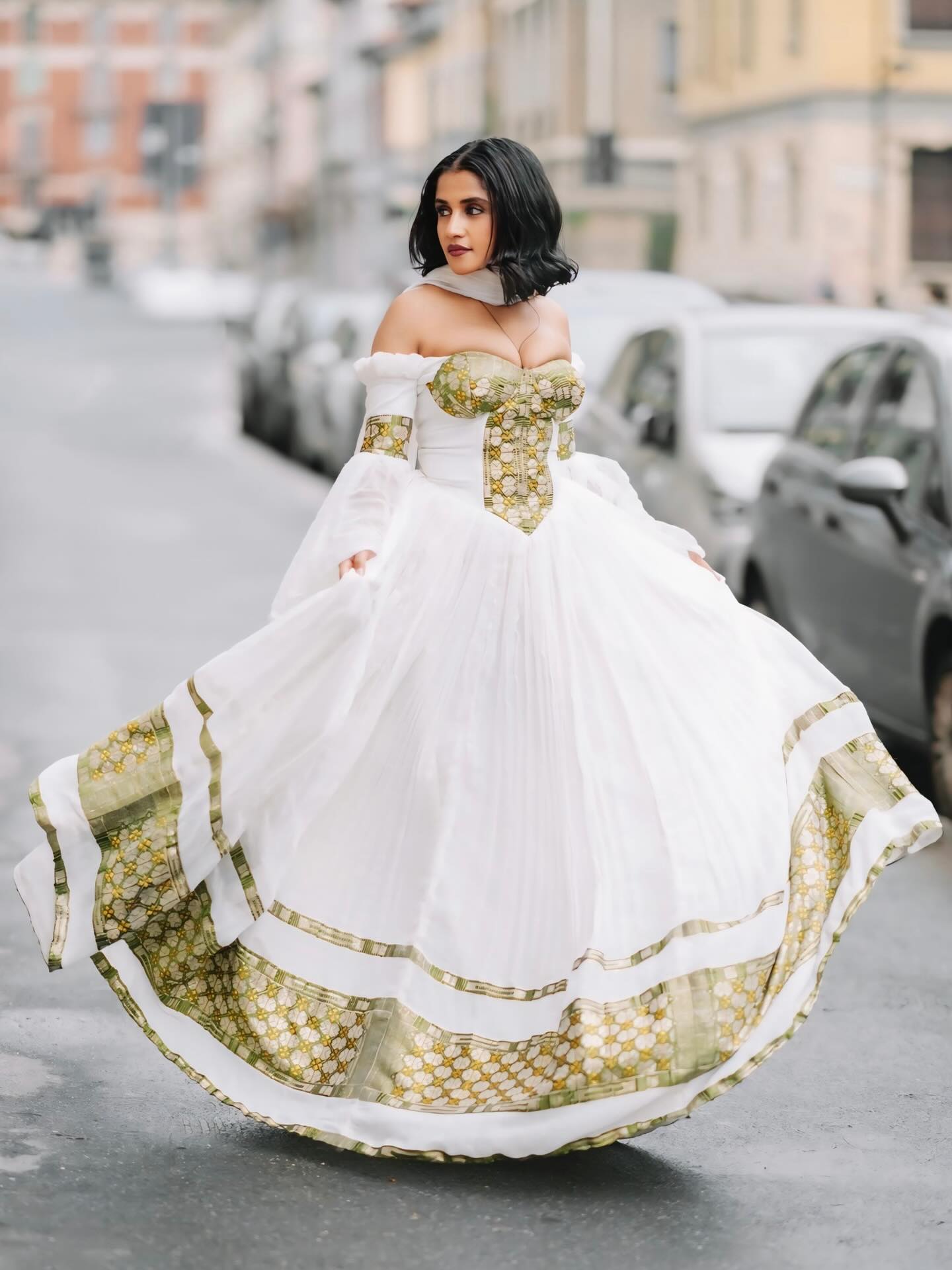TIRINGO BEAUTIFUL HABESHA KEMIS | TRADITIONAL ETHIOPIAN CLOTHING | GREEN WOVEN HABESHA DRESS