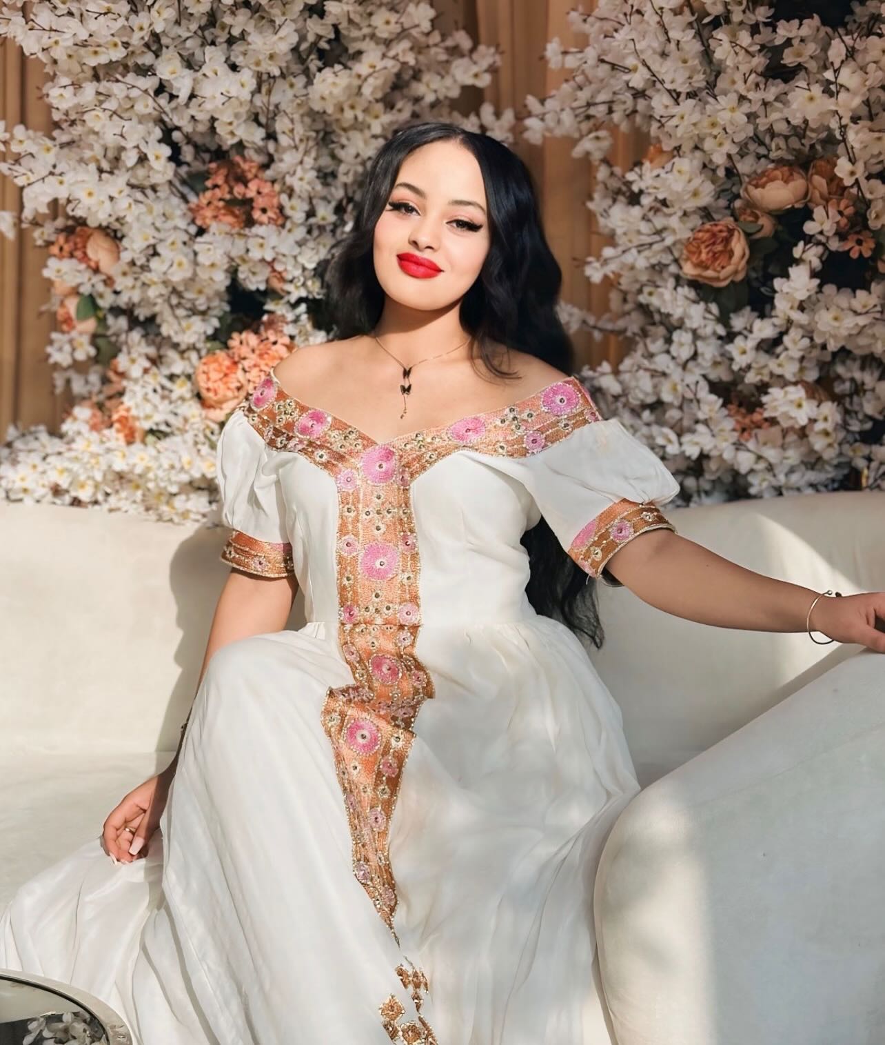 AKBERET OFF-SHOULDER HABESHA DRESS | GOLD AND PINK EMBROIDERY HABESHA DRESS | ETHIOPIAN TRADITIONAL DRESS