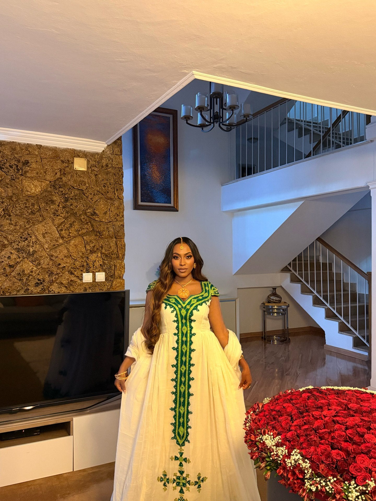 YADA GREEN EMBROIDERY HABESHA DRESS | SHORT SLEEVE HABESHA KEMIS | TRADITIONAL ETHIOPIAN DRESS STYLE