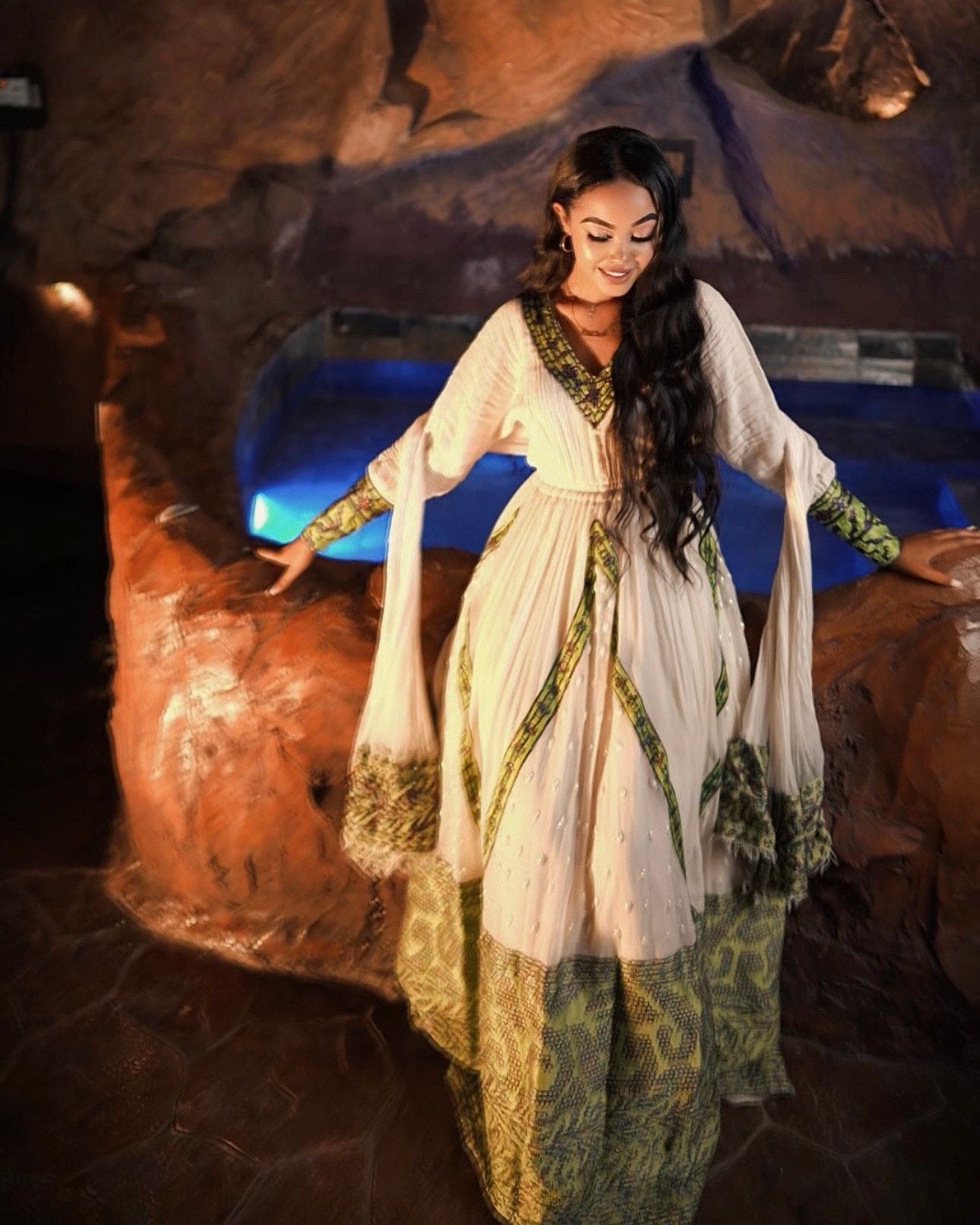 KONJIT ELEGANT ETHIOPIAN TRADITIONAL DRESS | HABESHA DRESS FOR SPECIAL CELEBRATIONS | GREEN AND GOLD PATTERN HABESHA KEMIS |