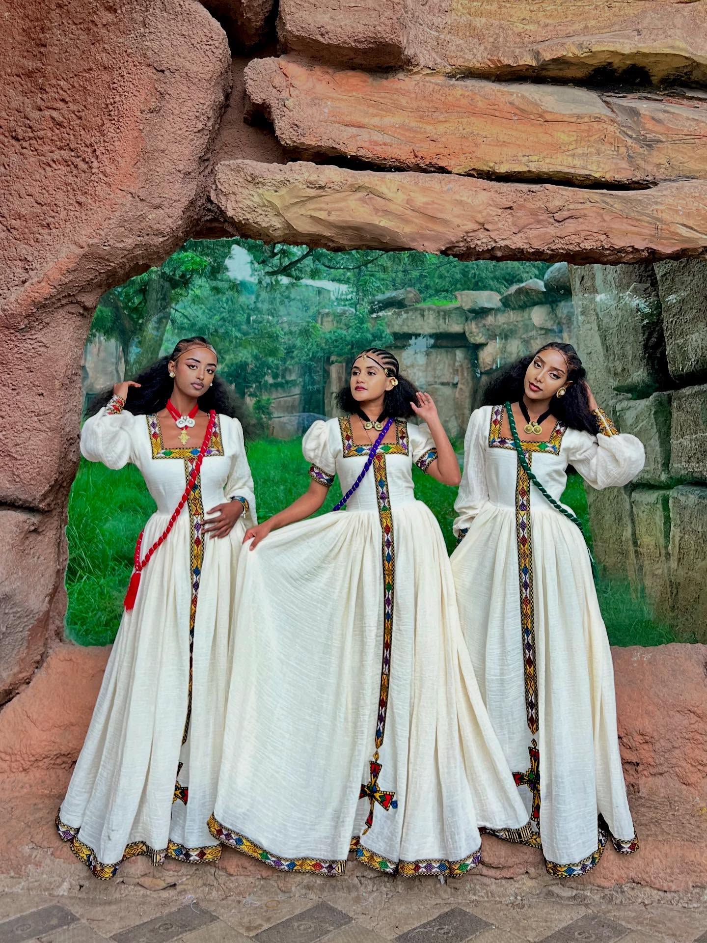 NARDI ETHIOPIAN HABESHA DRESS | TRADITIONAL TIBEB DESIGN ETHIOPIAN CLOTH | MULTICOLORED HABESHA KEMIS WITH CROSS EMBROIDERY