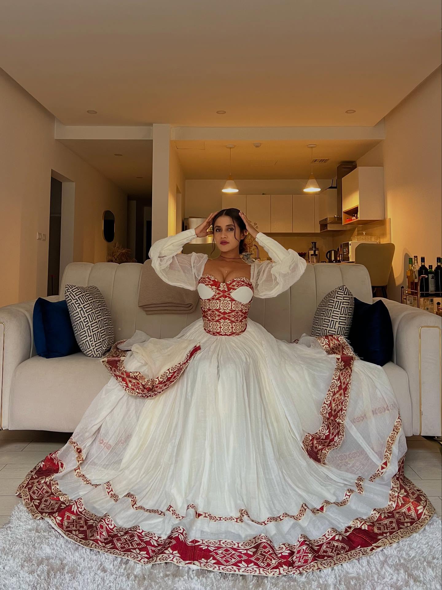 ARIAM ROYAL TRADITIONAL ETHIOPIAN WEDDING DRESS | RED AND GOLD WOVEN PATTERN HABESHA KEMIS | VIBRANT HABESHA DRESS FOR WEDDING