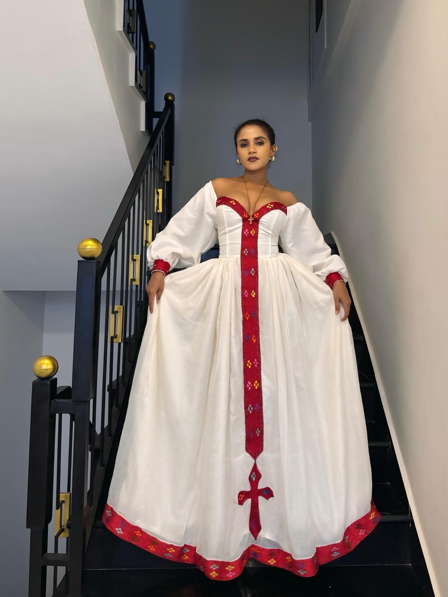 ZEBIDER OFF SHOULDER HABESHA DRESS | ETHIOPIAN DRESS COLLECTION | CROSS PATTERN HABESHA KEMIS
