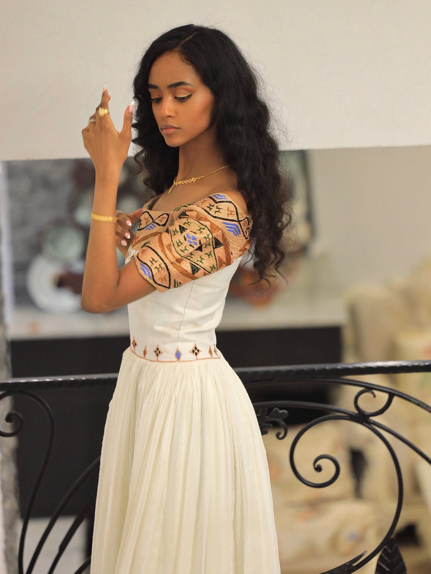ANNA STUNNING OFF-SHOULDER HABESHA KEMIS | MULTICOLOR EMBROIDERY HABESHA DRESS | TRADITIONAL ETHIOPIAN CLOTHING