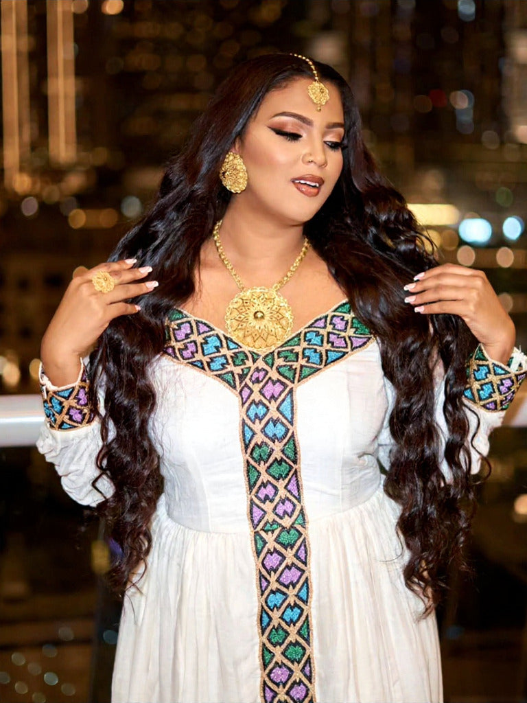 SELOME LONG SLEEVE HABESHA DRESS | MULTICOLOR ETHIOPIAN & ERITREAN CLOTHING | STYLISH HABESHA KEMIS