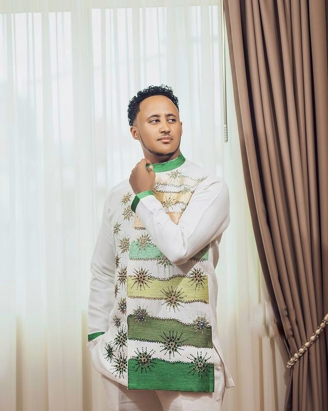 EYOSIYAS MODERN MEN'S ETHIOPIAN OUTFIT WITH GREEN COLLAR | GREEN AND GOLD EMBROIDERY | CULTURAL WEAR TRADITIONAL DESIGN ETHIOPIAN SHIRT