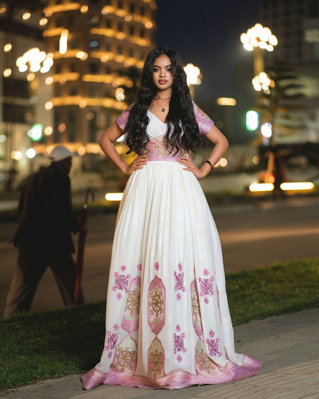 TIRUYE PINK & GOLD EMBROIDERED HABESHA DRESS | ROYAL HABESHA KEMIS FOR WEDDING | CROSS PATTERN DESIGN ETHIOPIAN CLOTHING