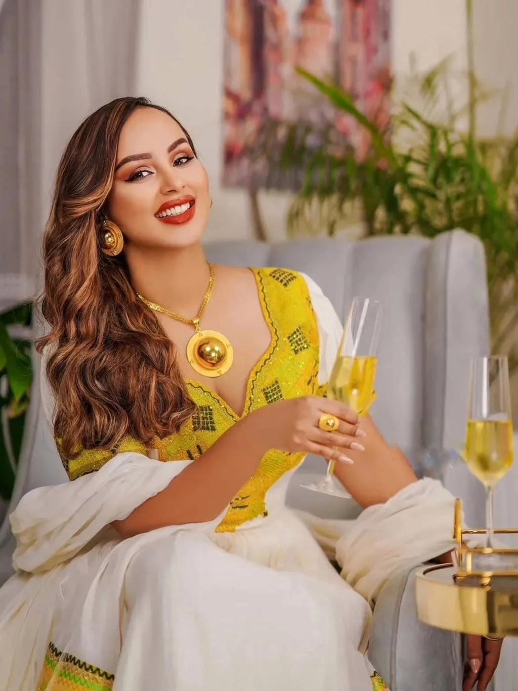 HIRUT GOLDEN YELLOW ETHIOPIAN DRESS | FESTIVE HABESHA DRESS FOR NEW YEAR | TRADITIONAL HABESHA KEMIS WITH EMBROIDERY