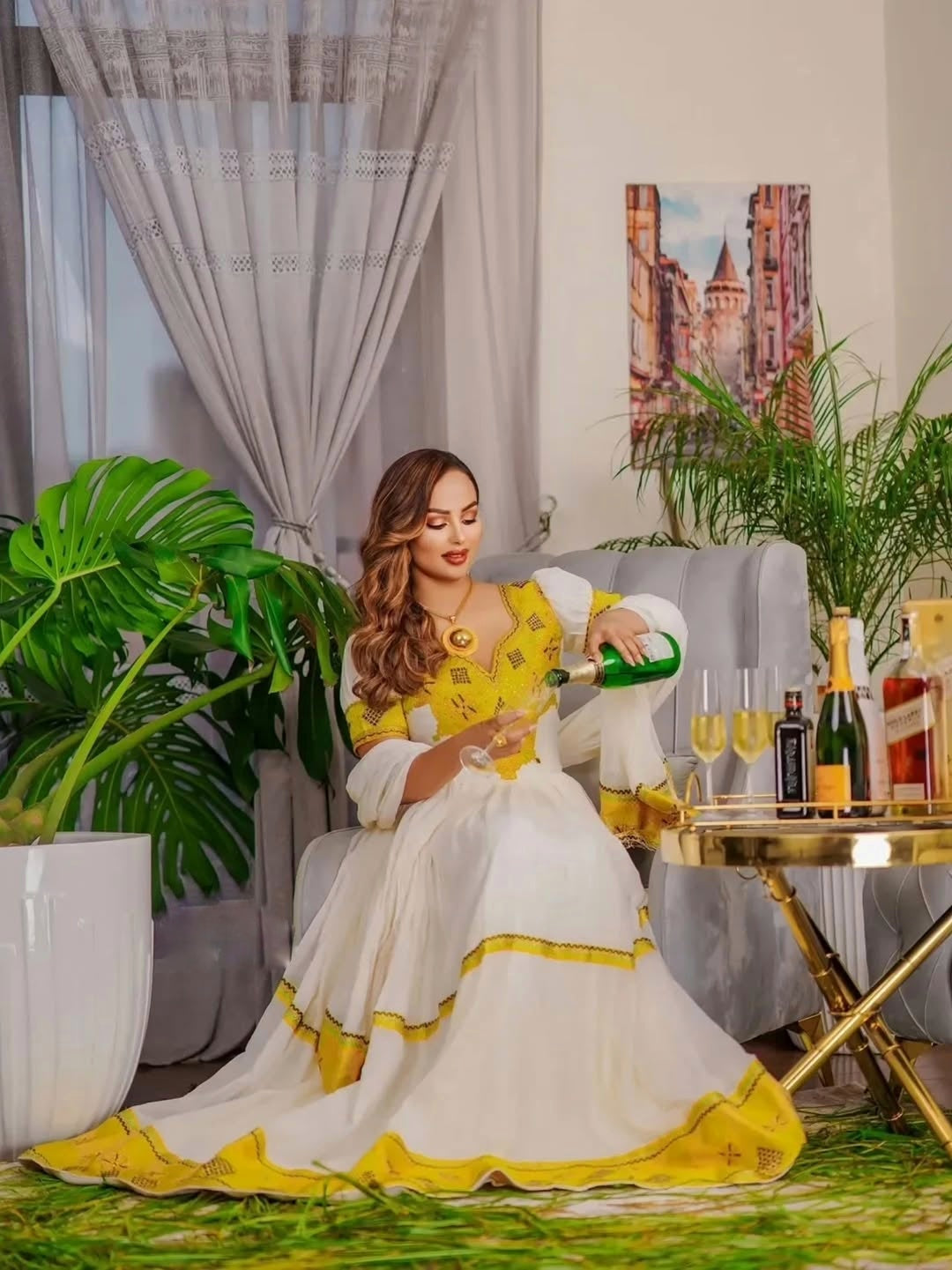 HIRUT GOLDEN YELLOW ETHIOPIAN DRESS | FESTIVE HABESHA DRESS FOR NEW YEAR | TRADITIONAL HABESHA KEMIS WITH EMBROIDERY