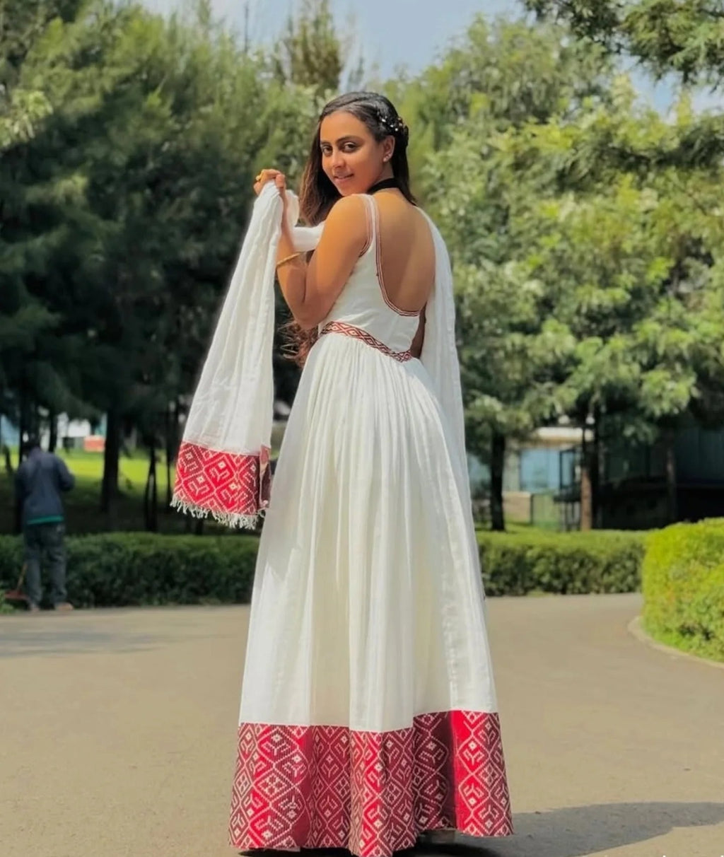 NIYAT BACKLESS HABESHA DRESS | SLEEVELESS HABESHA KEMIS | ETHIOPIAN TRADITIONAL DRESS