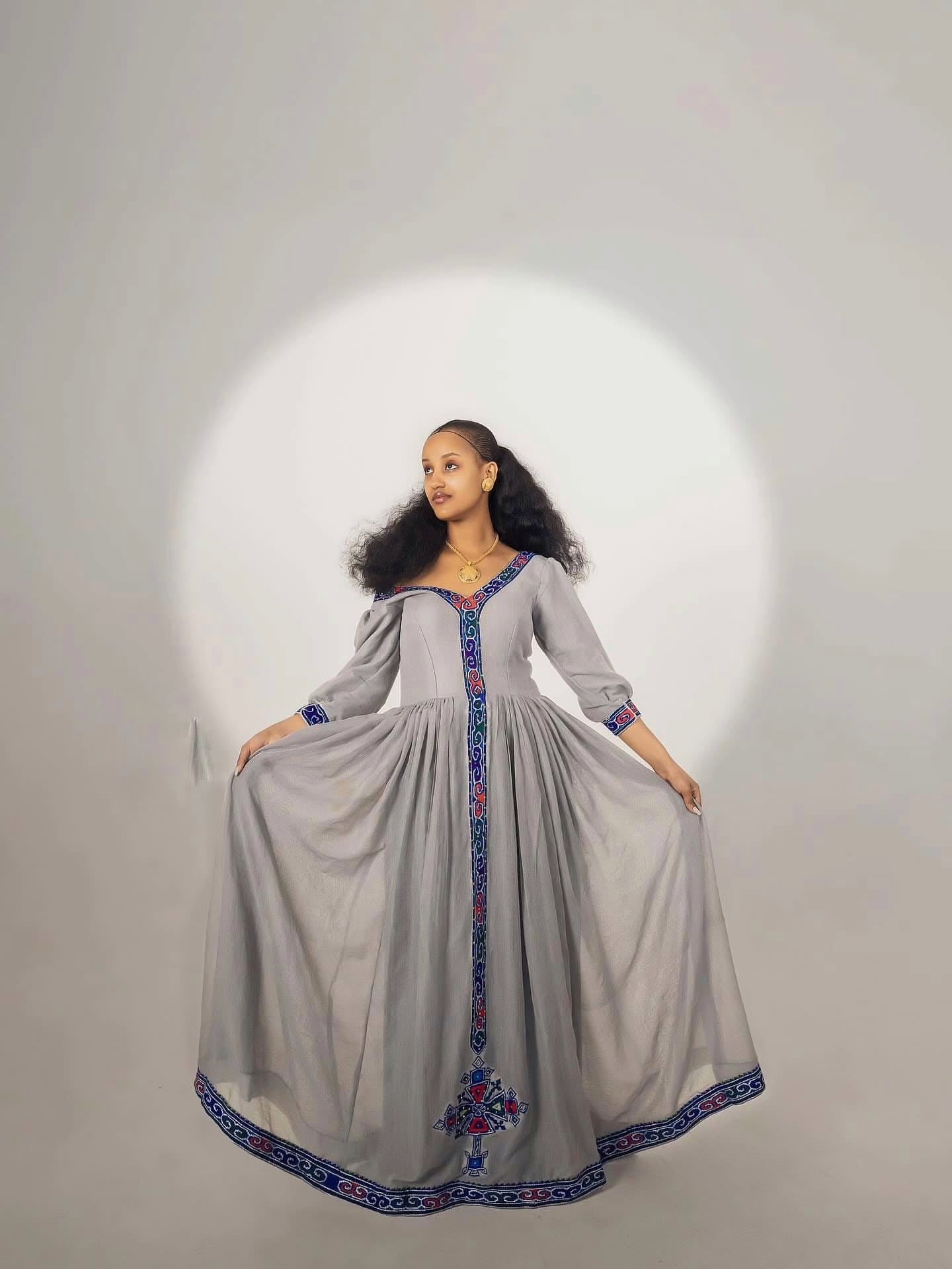 Gray Ethiopian Cultural Dress with Blue and Red Embroidery 