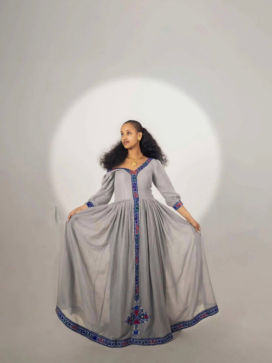 Gray Ethiopian Cultural Dress with Blue and Red Embroidery 