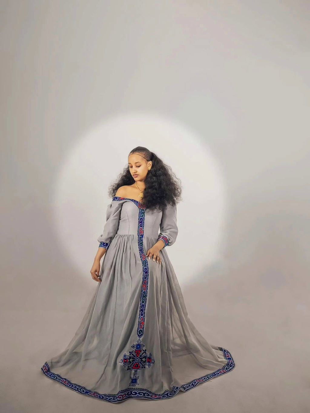MIHRET GREY ETHIOPIAN DRESS | BLUE & RED EMBROIDERY HABESHA KEMIS | TRADITIONAL ETHIOPIAN HABESHA DRESS