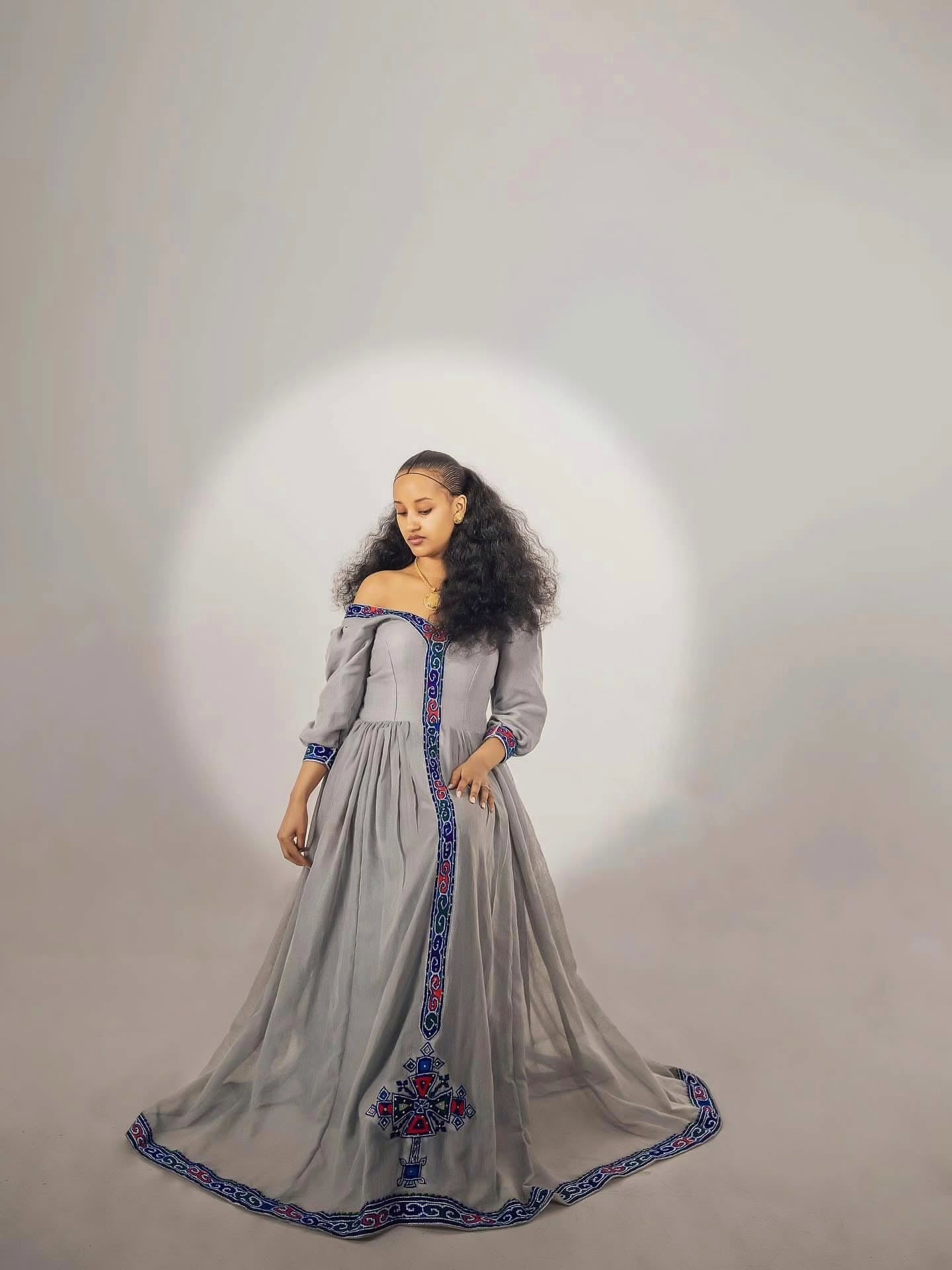 MIHRET GREY ETHIOPIAN DRESS | BLUE & RED EMBROIDERY HABESHA KEMIS | TRADITIONAL ETHIOPIAN HABESHA DRESS
