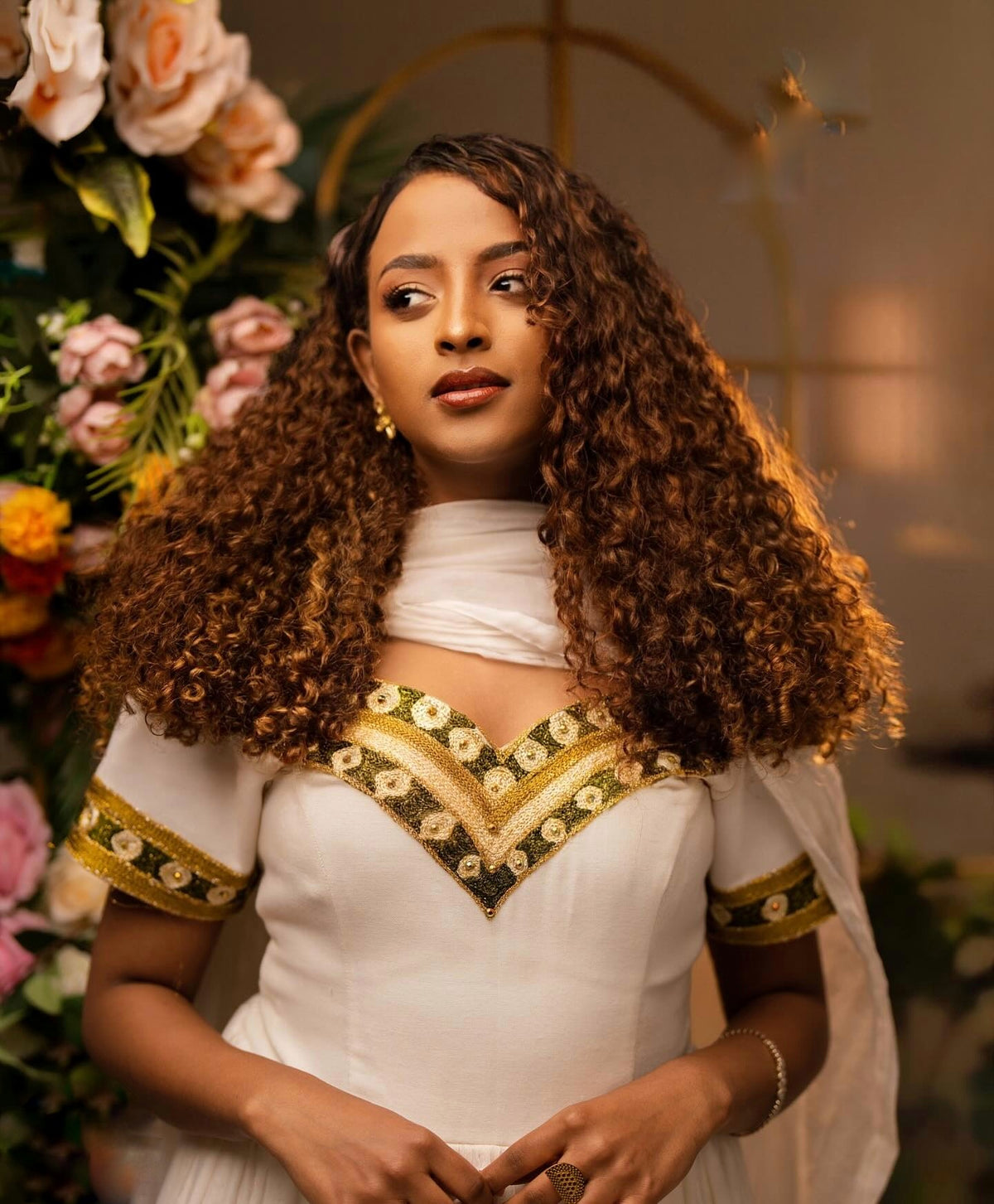 HABTAM SHORT SLEEVE HABESHA DRESS | GREEN AND GOLD EMBROIDERY HABESHA KEMIS | ETHIOPIAN TRADITIONAL DRESS