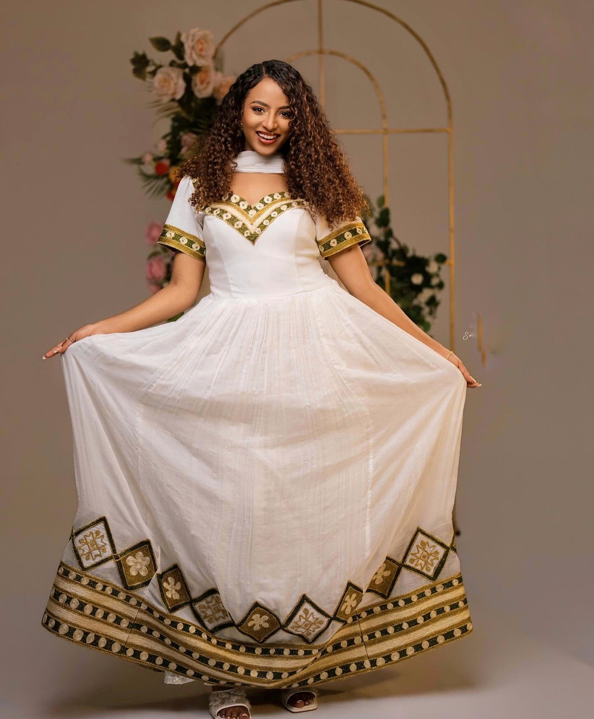 Green and gold embroidery ethiopian cloth for festive