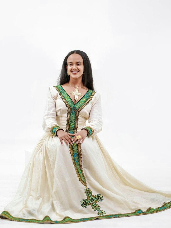 KENEAN GRACEFUL HABESHA DRESS | GREEN EMBROIDERY ETHIOPIAN CLOTHING | HABESHA KEMIS DESIGN