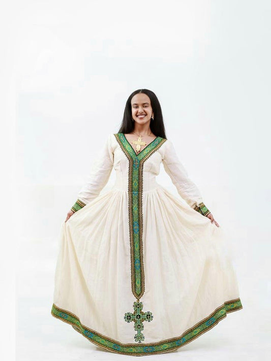 GRACEFUL TRADITIONAL ETHIOPIAN DRESS WITH GREEN EMBROIDERY – HABESHA CLOTH DESIGN