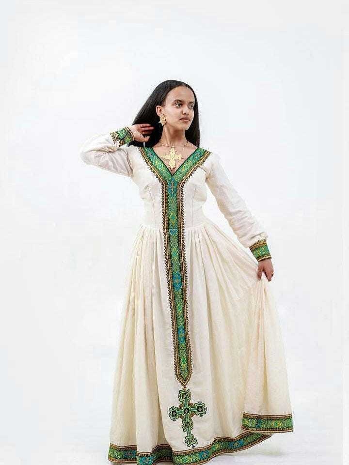 KENEAN GRACEFUL HABESHA DRESS | GREEN EMBROIDERY ETHIOPIAN CLOTHING | HABESHA KEMIS DESIGN