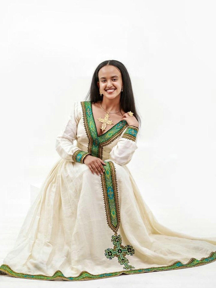 KENEAN GRACEFUL HABESHA DRESS | GREEN EMBROIDERY ETHIOPIAN CLOTHING | HABESHA KEMIS DESIGN