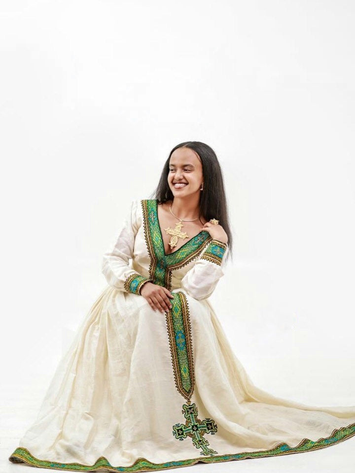 KENEAN GRACEFUL HABESHA DRESS | GREEN EMBROIDERY ETHIOPIAN CLOTHING | HABESHA KEMIS DESIGN