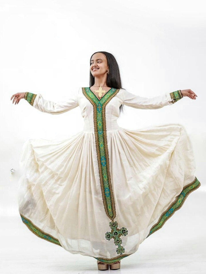 KENEAN GRACEFUL HABESHA DRESS | GREEN EMBROIDERY ETHIOPIAN CLOTHING | HABESHA KEMIS DESIGN