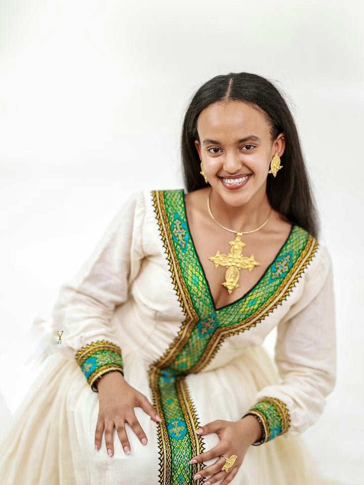 KENEAN GRACEFUL HABESHA DRESS | GREEN EMBROIDERY ETHIOPIAN CLOTHING | HABESHA KEMIS DESIGN