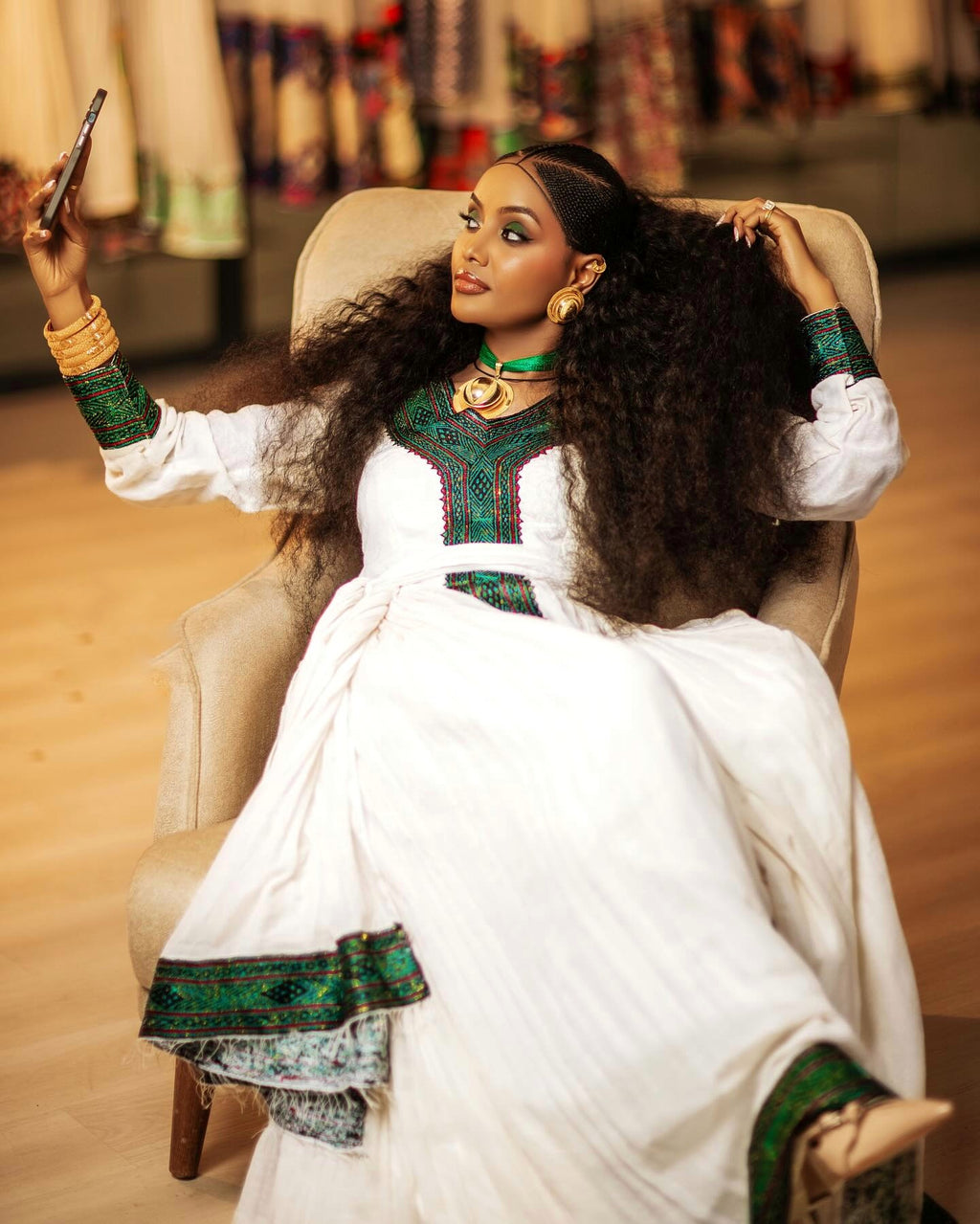 MIGNOT GREEN EMBROIDERED HABESHA DRESS | HABESHA STYLE & TRADITIONAL ETHIOPIAN DRESS| LONG SLEEVE HABESHA KEMIS