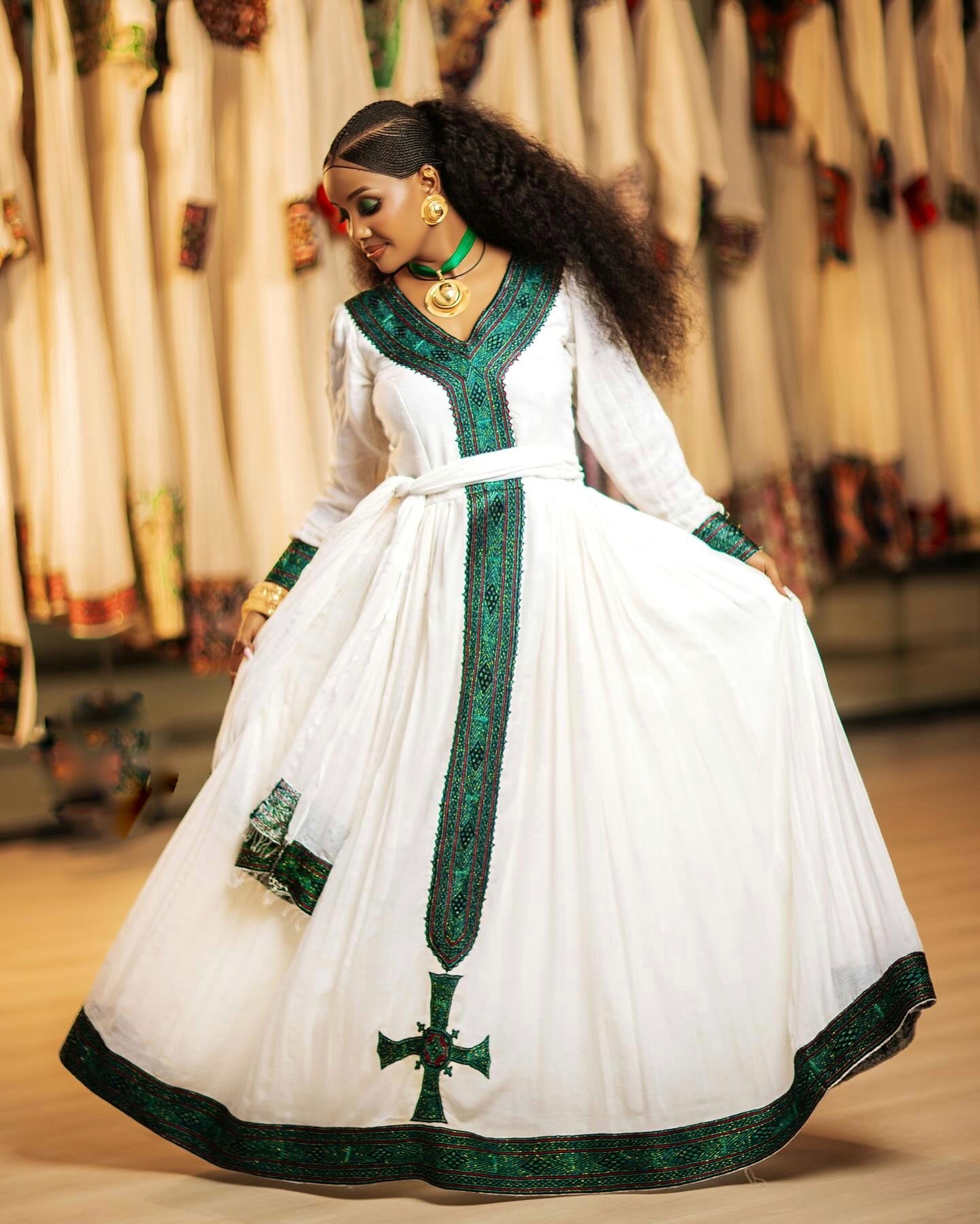 GREEN EMBROIDERED HABESHA DRESS – HABESHA KEMIS & TRADITIONAL ETHIOPIAN DRESS
