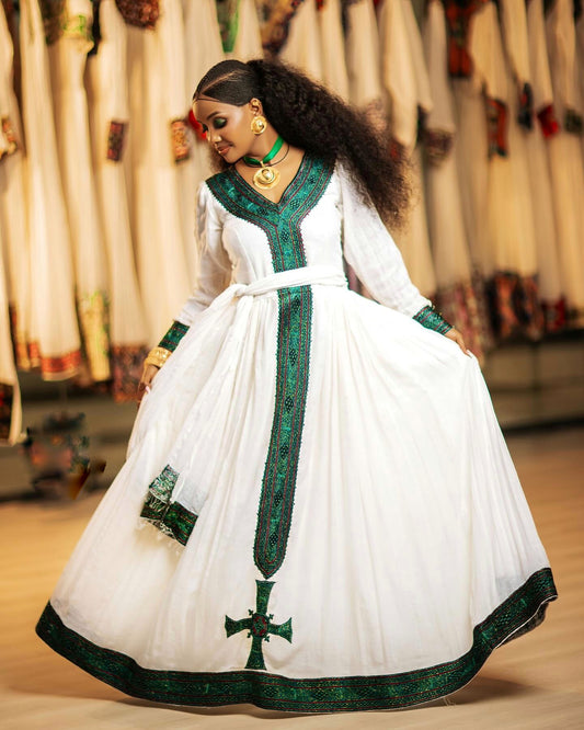 GREEN EMBROIDERED HABESHA DRESS – HABESHA KEMIS & TRADITIONAL ETHIOPIAN DRESS