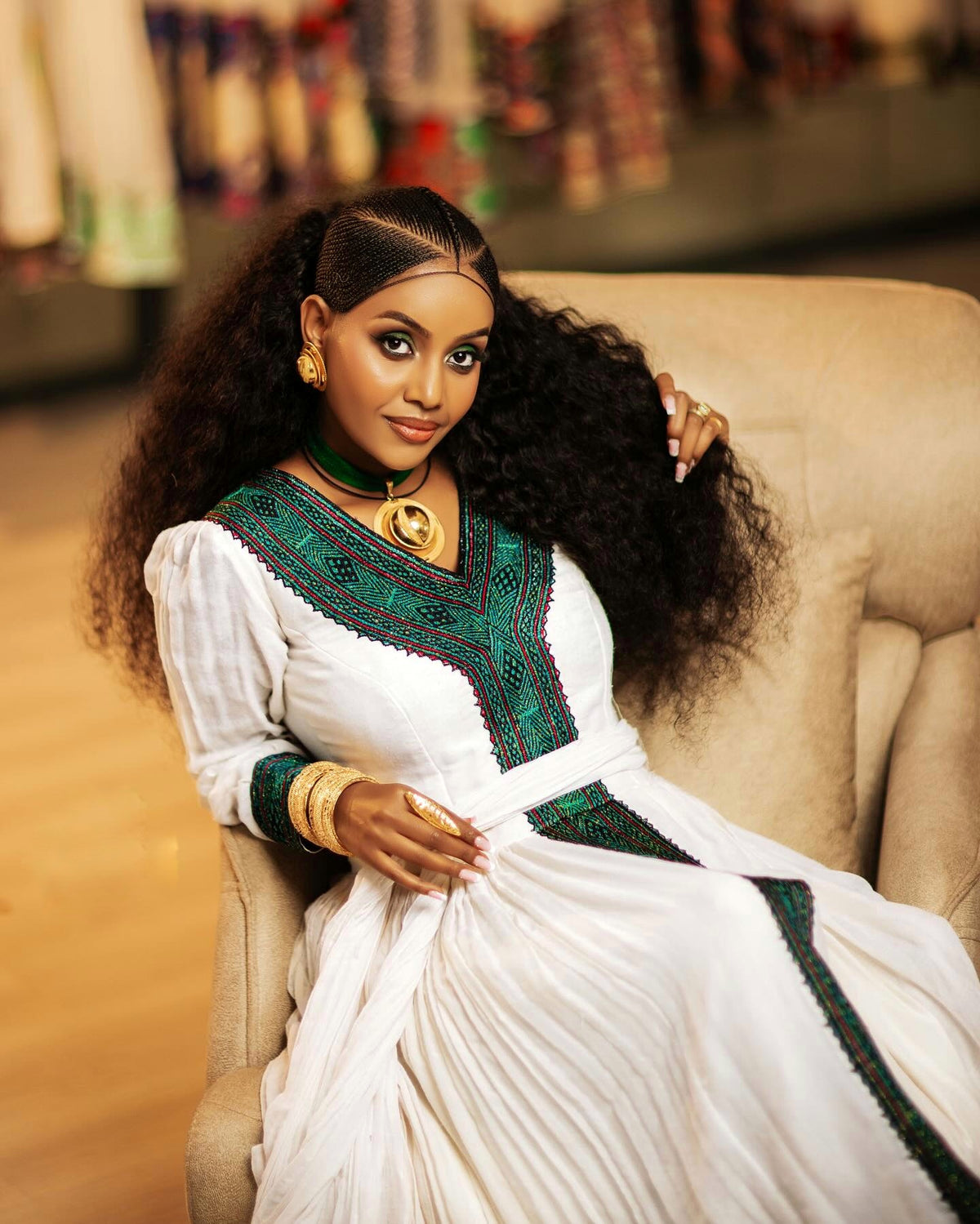MIGNOT GREEN EMBROIDERED HABESHA DRESS | HABESHA STYLE & TRADITIONAL ETHIOPIAN DRESS| LONG SLEEVE HABESHA KEMIS