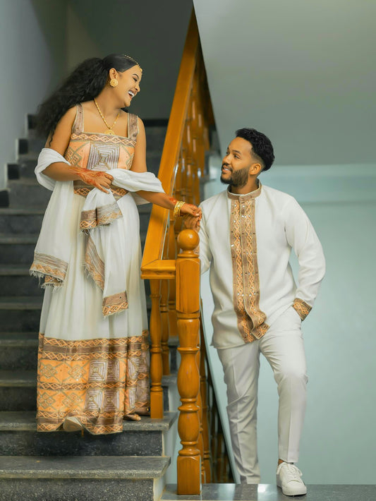 MATCHING HABESHA DRESS & OUTFIT FOR COUPLES – GOLD TRADITIONAL ETHIOPIAN STYLE