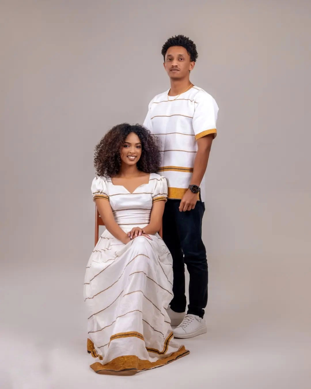 AKSUMAWIT STYLISH STRIPED HABESHA COUPLE OUTFIT | MODERN ETHIOPIAN DRESS SET | MATCHING SET